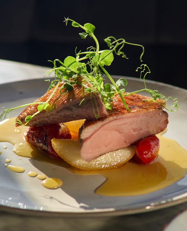 Pan seared duck breast on top of roasted vegatables.