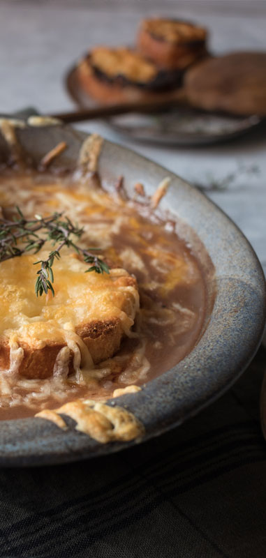 Close up of French onion soup.