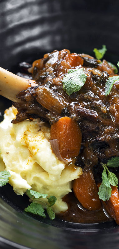 Braised lamb shank with mash.